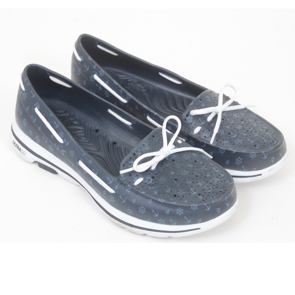 Skechers Cali Gear Ultra Go Womens Size 9 Nautical Anchors Boat Shoes Navy Blue
